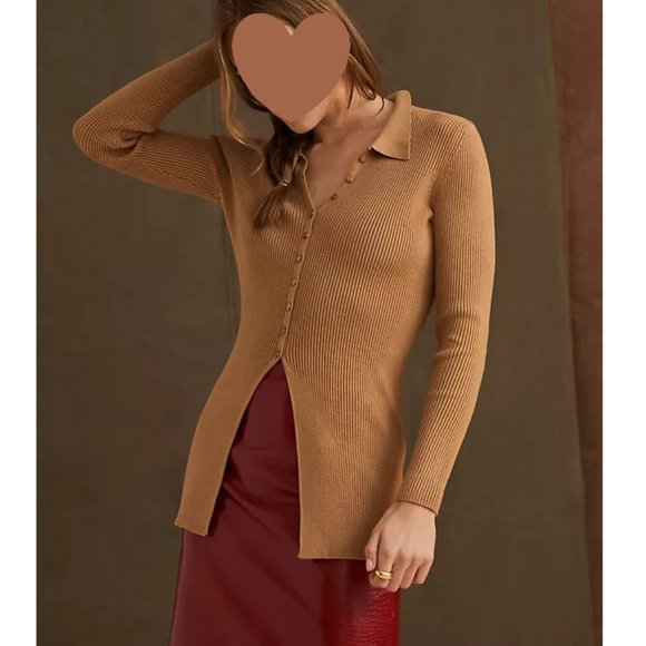 Anthropologie Maeve Ribbed Slim Cardigan Honey Brown XS Petite XSP - Picture 2 of 9